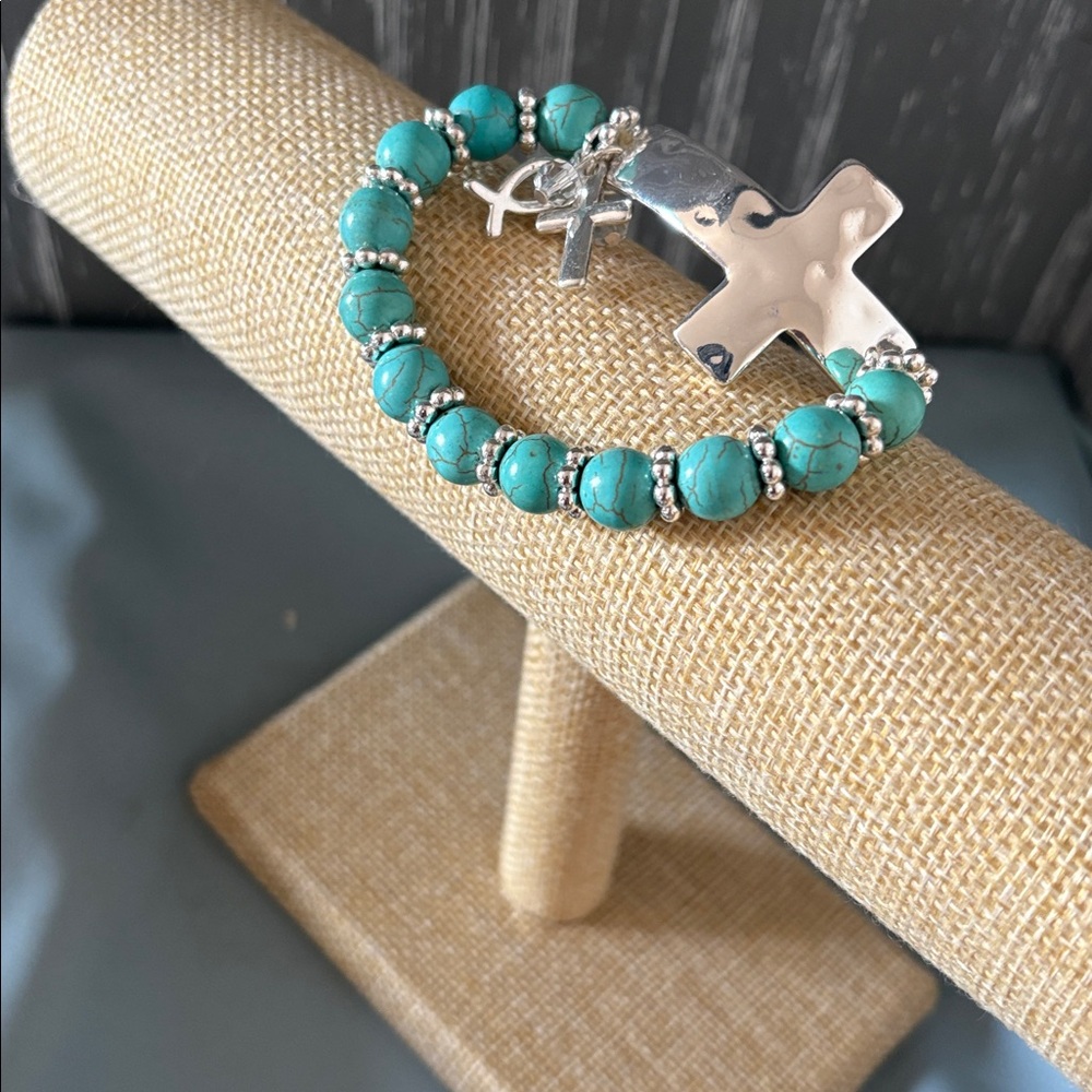 Turquoise Bead Silver Cross Charm Bracelet